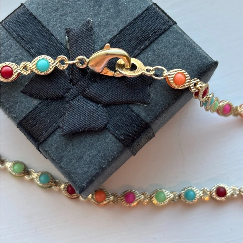 Gold Plated Rainbow Beaded Station Necklace Colorful Dainty Chain NWT - Picture 5 of 10